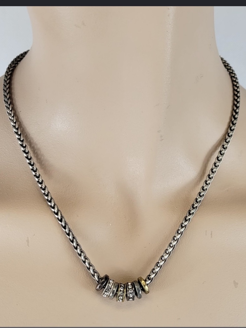 Fossil Boyfriend Collection Silver Gold Tone & Crystal Beads Chain Link Necklace